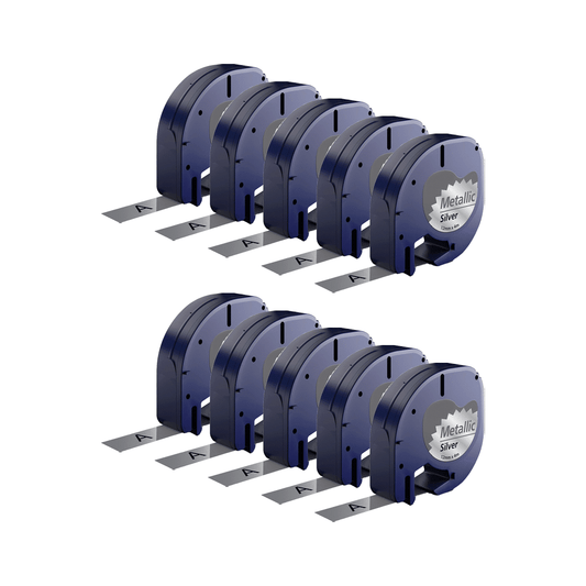 Rabattset! 10 st. Dymo 91208 / 91228 svart på silvermetallic plasttejp 12 mm x 4 m – Kompatibel – S0721730