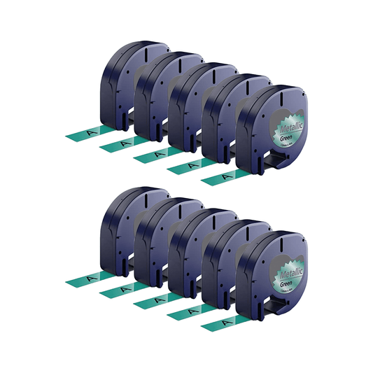 Rabat sæt! 10 stk. Dymo 91209 / 91229 Sort på grøn metallisk plasttape 12 mm x 4 m – Kompatibel – S0721740