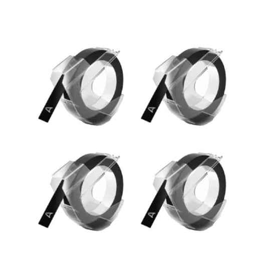 Rabatpakke! Dymo 3D tape. 4 stk hvid på sort plastiktape – 9 mm x 3 m – Kompatibel – S0898130